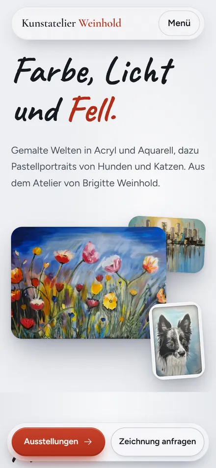 Startansicht der Website des Kunstateliers Weinhold auf dem Handy